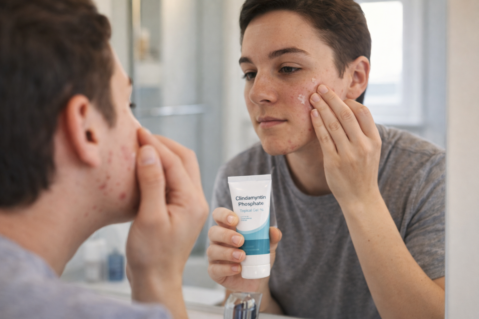 Step-by-step infographic showing how to use clindamycin phosphate gel for acne treatment, including cleansing and applying a thin layer to the skin.